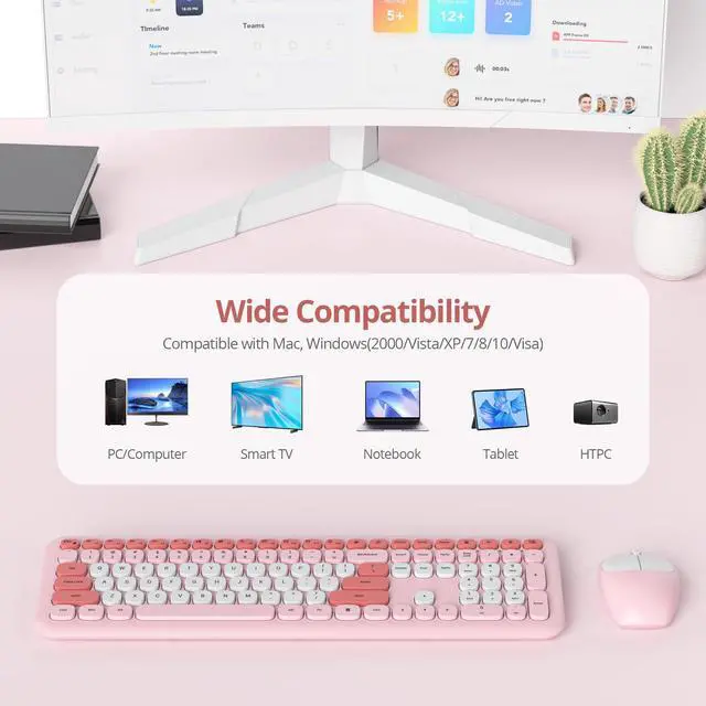 Alt view image 7 of 7 - Wireless Typewriter Keyboard and Mouse Combo Retro 104 Key Full Size Office Set Pink with Silent Round Keycaps, Ideal for Laptop and Desktop PCs, Cute Design Keyboard (Pink White)