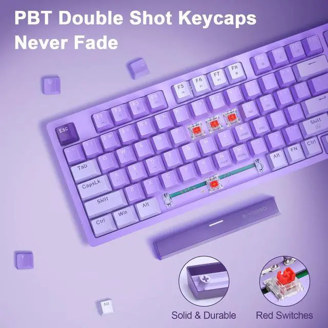Alt view image 2 of 7 - Mechanical Gaming Keyboard USB Wired Compact with Number Pad, Purple Led Backlit, Red Switch, Detachable Type C Cable, 94 Keys for PC/Computer/Laptop, Purple and White