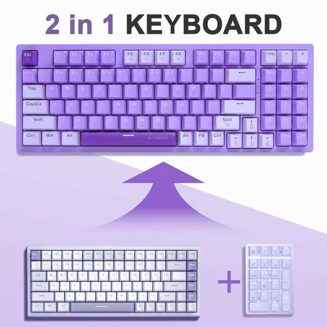 Alt view image 4 of 7 - Mechanical Gaming Keyboard USB Wired Compact with Number Pad, Purple Led Backlit, Red Switch, Detachable Type C Cable, 94 Keys for PC/Computer/Laptop, Purple and White