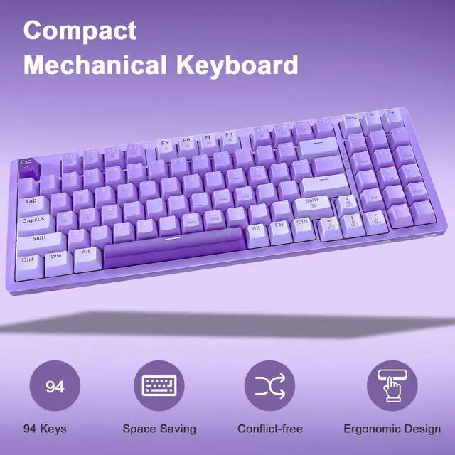 Alt view image 7 of 7 - Mechanical Gaming Keyboard USB Wired Compact with Number Pad, Purple Led Backlit, Red Switch, Detachable Type C Cable, 94 Keys for PC/Computer/Laptop, Purple and White