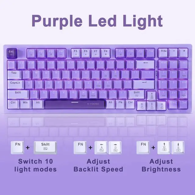 Alt view image 5 of 7 - Mechanical Gaming Keyboard USB Wired Compact with Number Pad, Purple Led Backlit, Red Switch, Detachable Type C Cable, 94 Keys for PC/Computer/Laptop, Purple and White