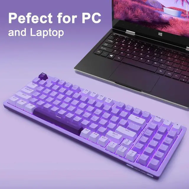 Alt view image 6 of 7 - Mechanical Gaming Keyboard USB Wired Compact with Number Pad, Purple Led Backlit, Red Switch, Detachable Type C Cable, 94 Keys for PC/Computer/Laptop, Purple and White