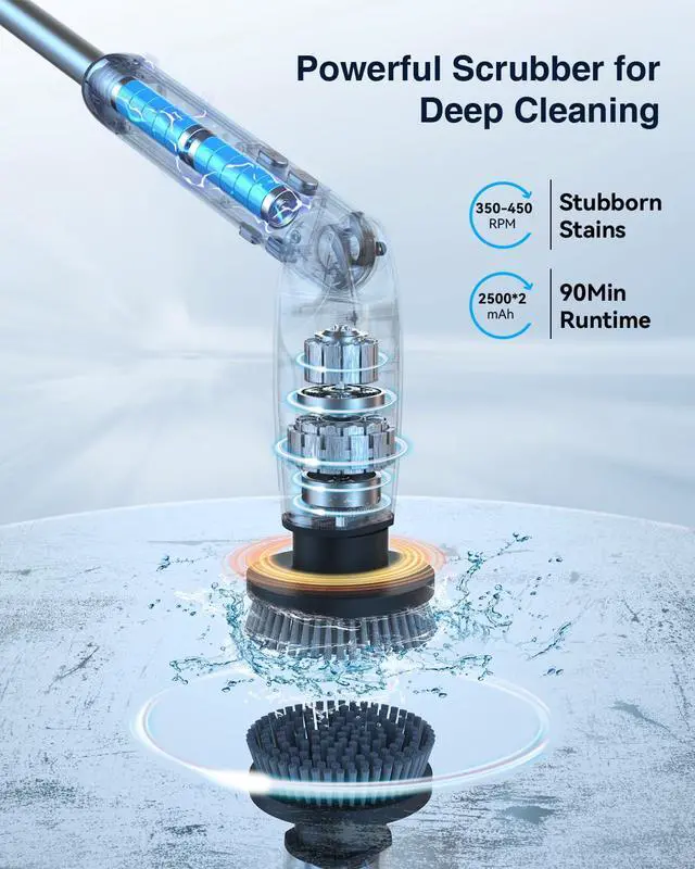 Alt view image 3 of 7 - Electric Spin Scrubber, Shower Scrubber with 4 Adjustable Angles and 8 Brush Heads, Electric Scrubber with Long Handle & Remote Controller, Cleaning Brush for Bathroom, Tub, Floor (Black)