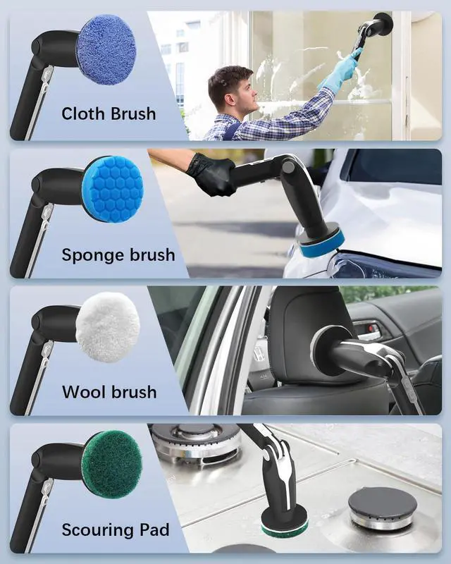 Alt view image 6 of 7 - Electric Spin Scrubber, Shower Scrubber with 4 Adjustable Angles and 8 Brush Heads, Electric Scrubber with Long Handle & Remote Controller, Cleaning Brush for Bathroom, Tub, Floor (Black)