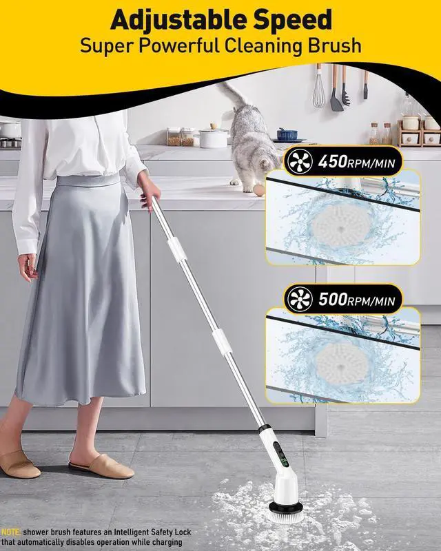 Alt view image 3 of 6 - Electric Spin Scrubber for Cleaning Bathroom, Shower Scrubber Cordless Cleaning Brush with IPX7 Waterproof & 2 Speed, 3 Brush Heads, Bathroom Cleaning Supplies for Shower Tub Kitchen Tile Toilet White