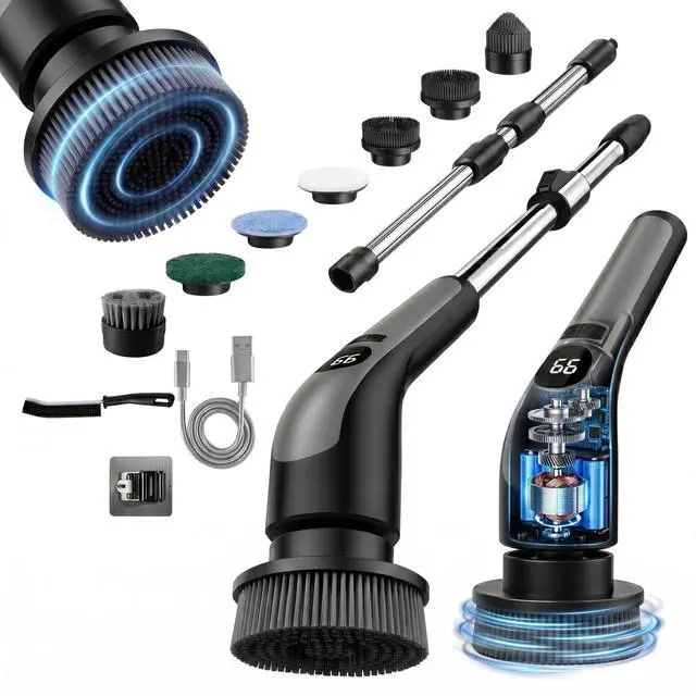 Main image of Electric Spin Scrubber with LCD Display, Cordless Clearning Scrubber for Home, Upgraded 70W High-Power Motor, IPX7 Waterproof Dual Speed Power Scrubber, 7 Brush Heads, Extendable Long Handle