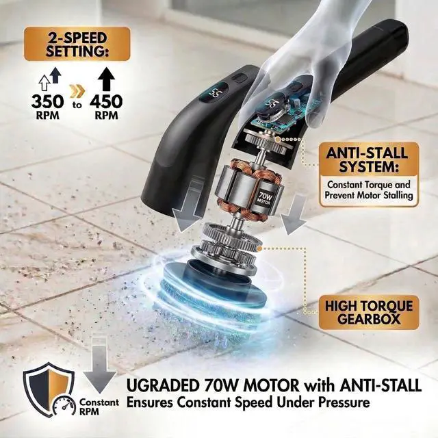 Alt view image 2 of 7 - Electric Spin Scrubber with LCD Display, Cordless Clearning Scrubber for Home, Upgraded 70W High-Power Motor, IPX7 Waterproof Dual Speed Power Scrubber, 7 Brush Heads, Extendable Long Handle