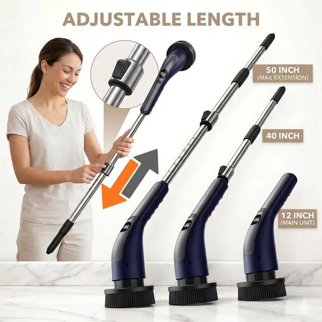 Alt view image 3 of 7 - Electric Spin Scrubber with LCD Display, Cordless Clearning Scrubber for Home, Upgraded 70W High-Power Motor, IPX7 Waterproof Dual Speed Power Scrubber, 7 Brush Heads, Extendable Long Handle