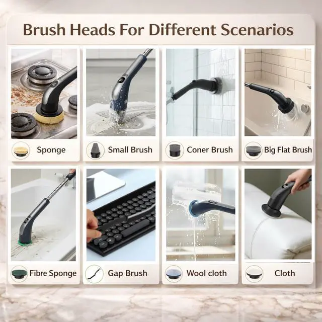 Alt view image 4 of 7 - Electric Spin Scrubber with LCD Display, Cordless Clearning Scrubber for Home, Upgraded 70W High-Power Motor, IPX7 Waterproof Dual Speed Power Scrubber, 7 Brush Heads, Extendable Long Handle