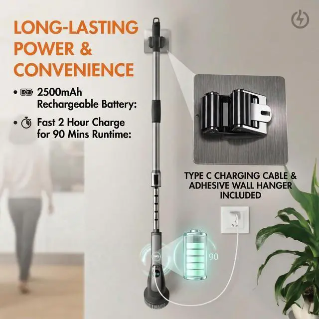 Alt view image 7 of 7 - Electric Spin Scrubber with LCD Display, Cordless Clearning Scrubber for Home, Upgraded 70W High-Power Motor, IPX7 Waterproof Dual Speed Power Scrubber, 7 Brush Heads, Extendable Long Handle