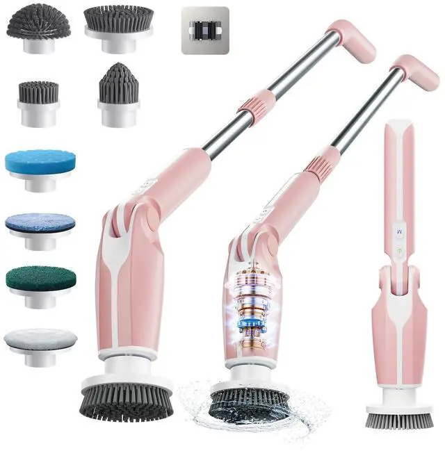 Main image of Electric Spin Scrubber, Shower Scrubber with 4 Adjustable Angles and 8 Brush Heads, Electric Scrubber with Long Handle & Remote Controller, Cleaning Brush for Bathroom, Tub, Floor (Pink)
