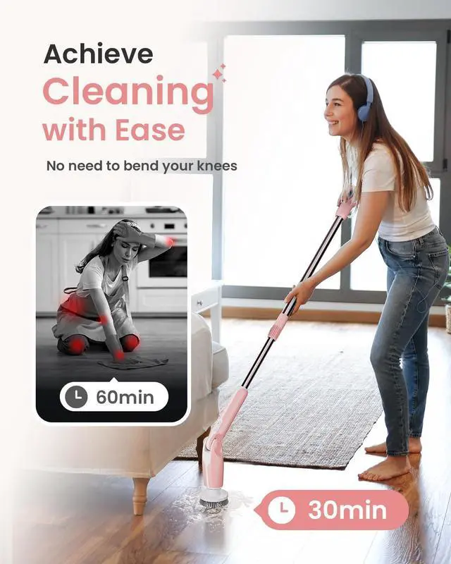 Alt view image 2 of 7 - Electric Spin Scrubber, Shower Scrubber with 4 Adjustable Angles and 8 Brush Heads, Electric Scrubber with Long Handle & Remote Controller, Cleaning Brush for Bathroom, Tub, Floor (Pink)