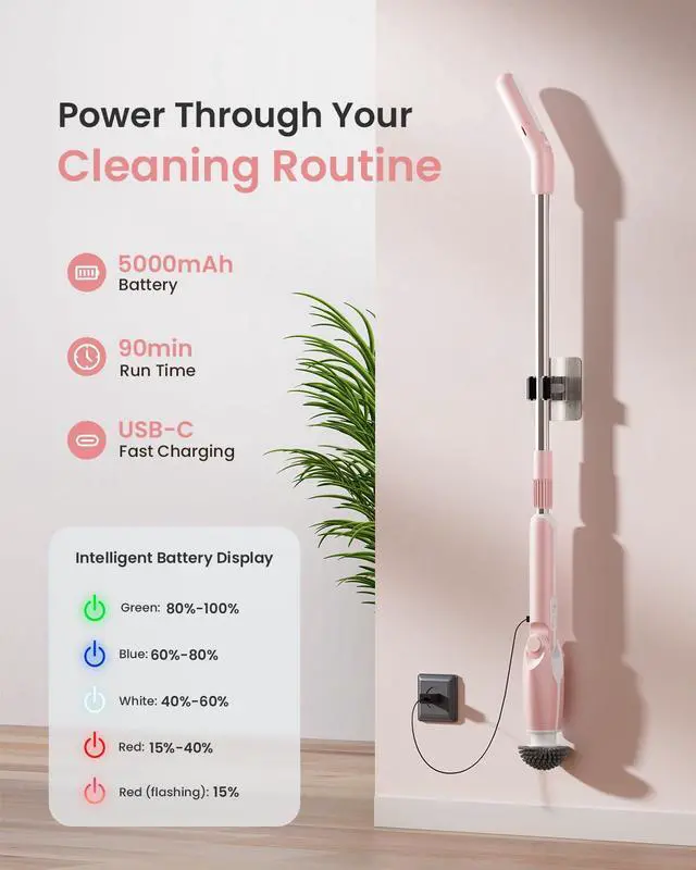 Alt view image 4 of 7 - Electric Spin Scrubber, Shower Scrubber with 4 Adjustable Angles and 8 Brush Heads, Electric Scrubber with Long Handle & Remote Controller, Cleaning Brush for Bathroom, Tub, Floor (Pink)