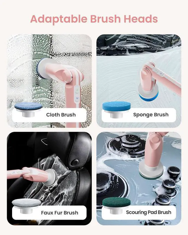 Alt view image 6 of 7 - Electric Spin Scrubber, Shower Scrubber with 4 Adjustable Angles and 8 Brush Heads, Electric Scrubber with Long Handle & Remote Controller, Cleaning Brush for Bathroom, Tub, Floor (Pink)