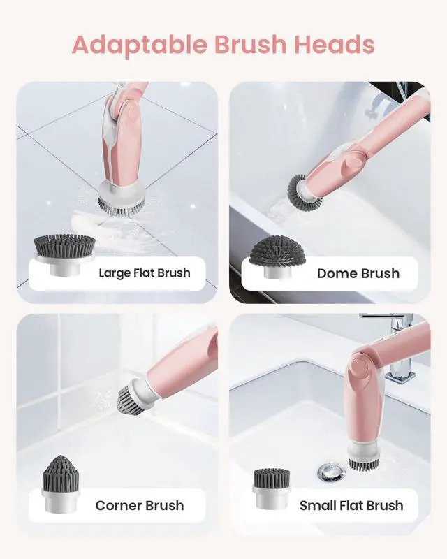 Alt view image 5 of 7 - Electric Spin Scrubber, Shower Scrubber with 4 Adjustable Angles and 8 Brush Heads, Electric Scrubber with Long Handle & Remote Controller, Cleaning Brush for Bathroom, Tub, Floor (Pink)