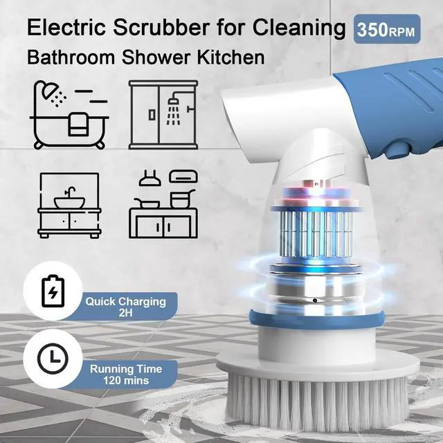 Alt view image 3 of 7 - Electric Spin Scrubber, Electric Cleaning Brush Bathroom Shower Scrubbing Cleaner Brush Power Scrubber Cordless with 4 Replaceable Brush Heads for Bathtub, Tile, Floor, Toilet, Kitchen - Blue