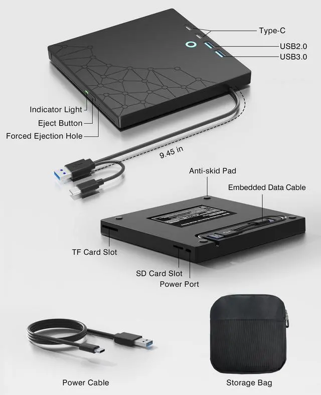 Alt view image 5 of 7 - External CD/DVD Drive for Laptop, DVD Burner CD Reader for Laptop, 8-in-1 USB 3.0 Portable CD Players with SD/TF Ports, External Disk Drive Optical for MacBook Windows 11 10 PC Linux (Black with bag)