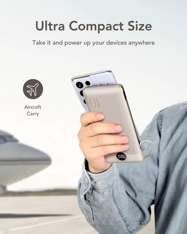 Alt view image 7 of 7 - Portable Charger with Built-in AC Plug and Cables, All in One 10000mAh Ultra Slim Power Bank Travel Essentials, Fast Charging Battery Pack Compatible with iPhone, Samsung, Android (Coffee)
