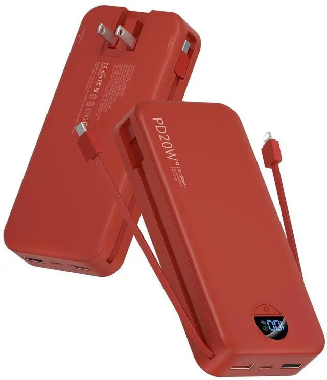 Main image of Portable Charger Power Bank, 20000mAh PD20W USB C Fast Charging with Built-in Cable & Wall Plug, External Battery Pack with LED Display, Travel Essential for iPhone, iPad, Samsung Red