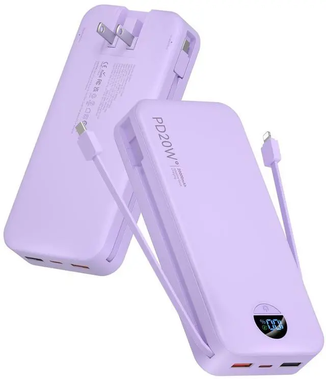 Main image of Portable Charger Power Bank, 20000mAh PD20W USB C Fast Charging with Built-in Cables & Wall Plug, External Battery Pack with LED Display, Travel Essentials for iPhone, iPad, Samsung Purple