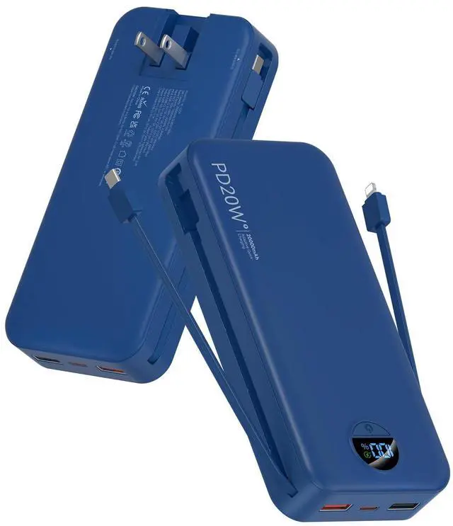 Main image of Portable Charger Power Bank, 20000mAh PD20W USB C Fast Charging with Built-in Cables & Wall Plug, External Battery Pack with LED Display, Travel Essential for iPhone, iPad, Samsung Navy