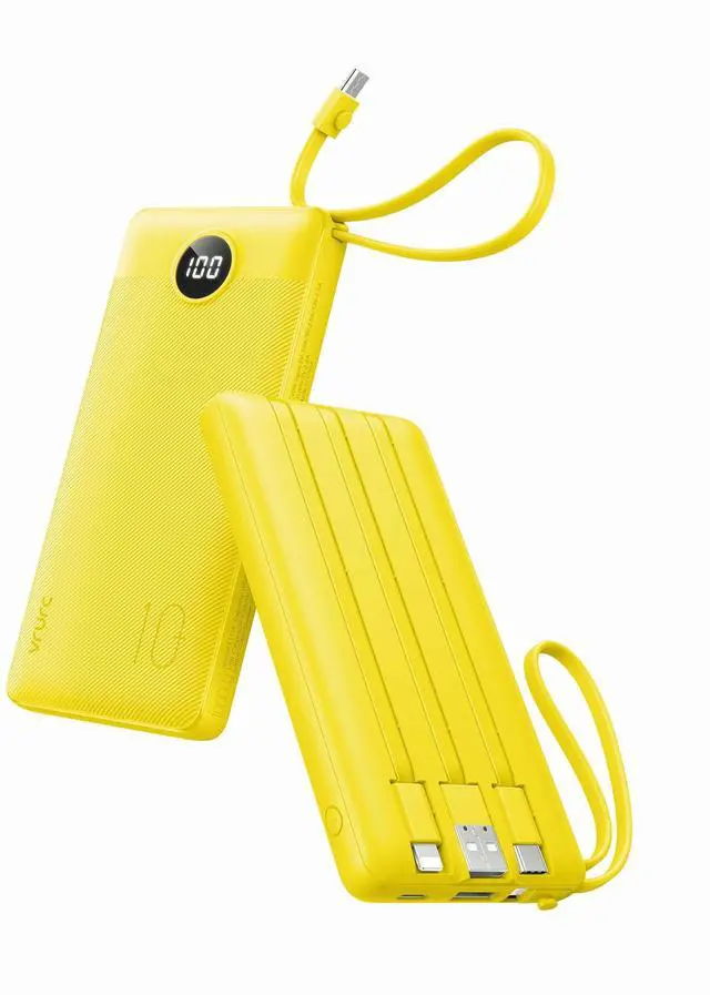 Main image of Portable Charger with Built-in Cables, 10000mAh LED Display USB C Power Bank, Slim Travel Battery Pack with 5 Output 2 Input Compatible with iPhone 17 16 15 13,Samsung,Android etc-Yellow(1 Pack)