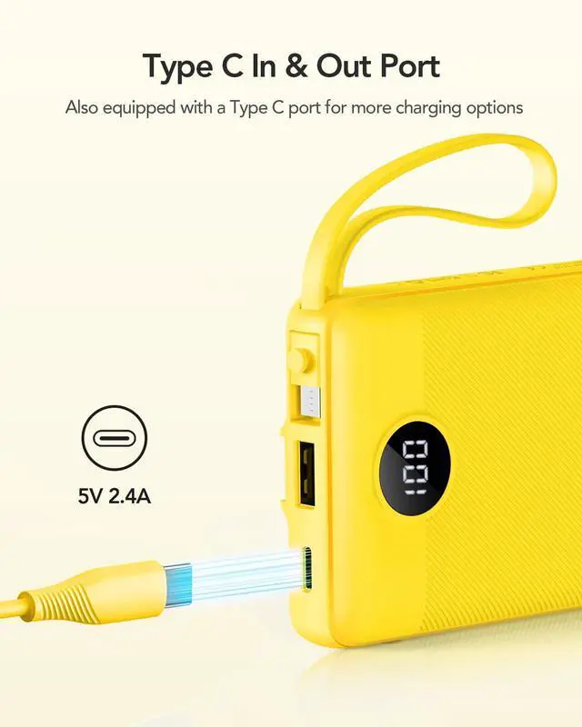 Alt view image 3 of 7 - Portable Charger with Built-in Cables, 10000mAh LED Display USB C Power Bank, Slim Travel Battery Pack with 5 Output 2 Input Compatible with iPhone 17 16 15 13,Samsung,Android etc-Yellow(1 Pack)
