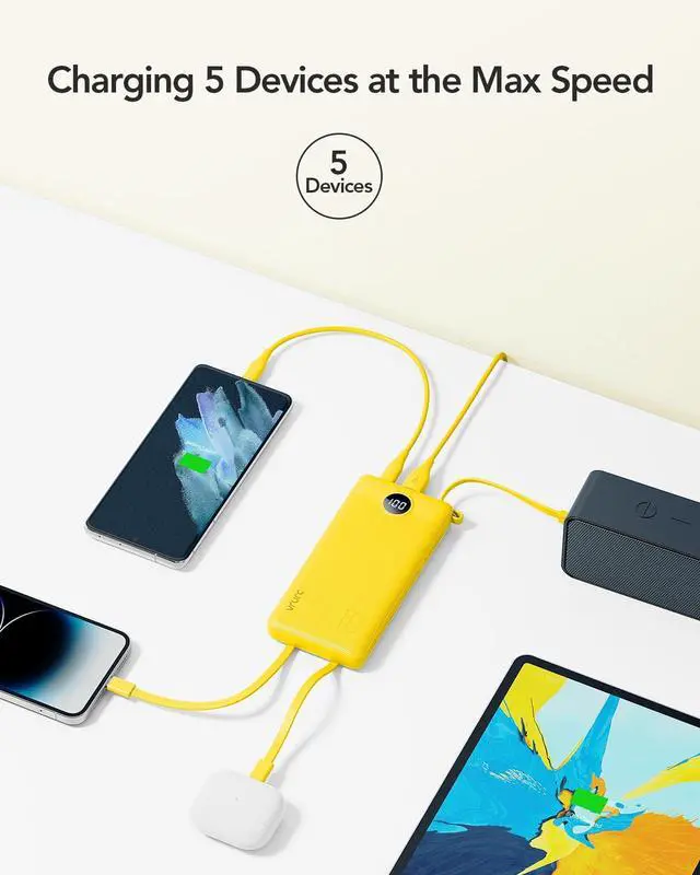 Alt view image 4 of 7 - Portable Charger with Built-in Cables, 10000mAh LED Display USB C Power Bank, Slim Travel Battery Pack with 5 Output 2 Input Compatible with iPhone 17 16 15 13,Samsung,Android etc-Yellow(1 Pack)
