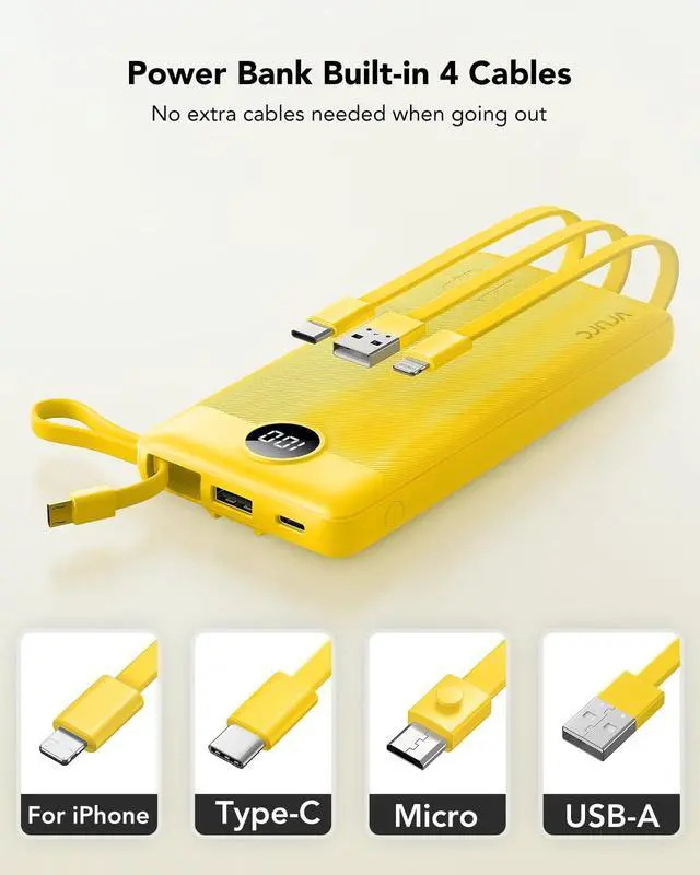 Alt view image 2 of 7 - Portable Charger with Built-in Cables, 10000mAh LED Display USB C Power Bank, Slim Travel Battery Pack with 5 Output 2 Input Compatible with iPhone 17 16 15 13,Samsung,Android etc-Yellow(1 Pack)