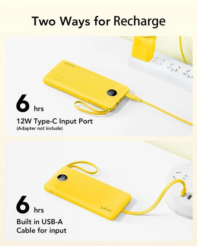 Alt view image 6 of 7 - Portable Charger with Built-in Cables, 10000mAh LED Display USB C Power Bank, Slim Travel Battery Pack with 5 Output 2 Input Compatible with iPhone 17 16 15 13,Samsung,Android etc-Yellow(1 Pack)