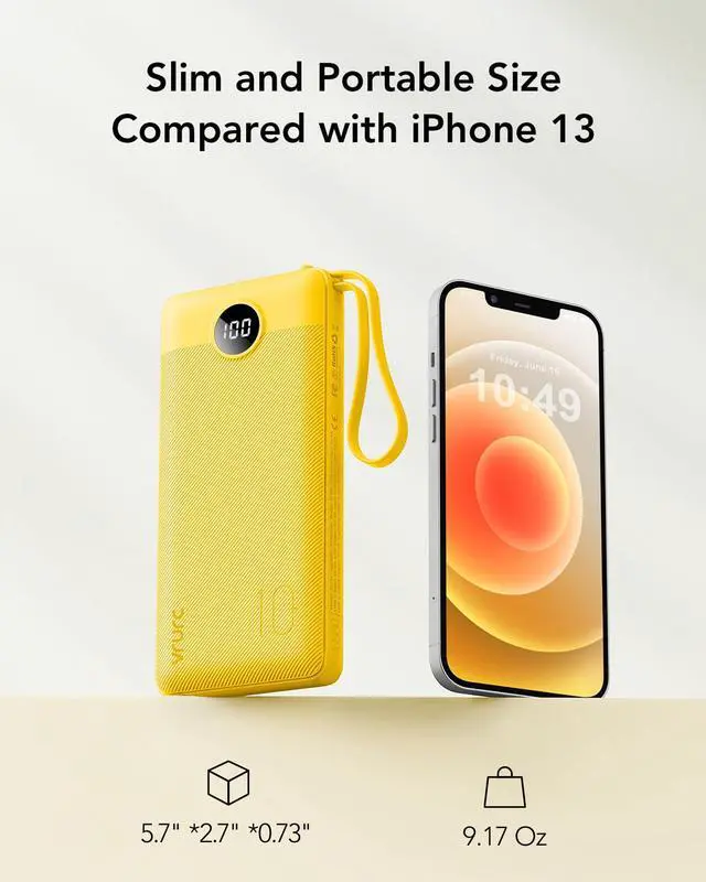 Alt view image 5 of 7 - Portable Charger with Built-in Cables, 10000mAh LED Display USB C Power Bank, Slim Travel Battery Pack with 5 Output 2 Input Compatible with iPhone 17 16 15 13,Samsung,Android etc-Yellow(1 Pack)