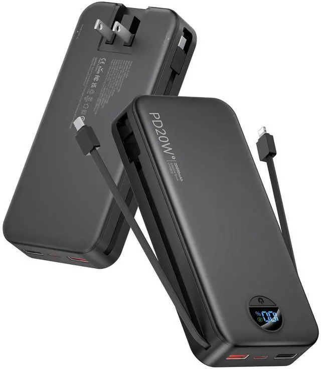 Main image of Portable Charger Power Bank, 20000mAh PD20W USB C Fast Charging with Built-in Cables & Wall Plug, External Battery Bank with LED Display, Travel Essential for iPhone, iPad, Samsung Black