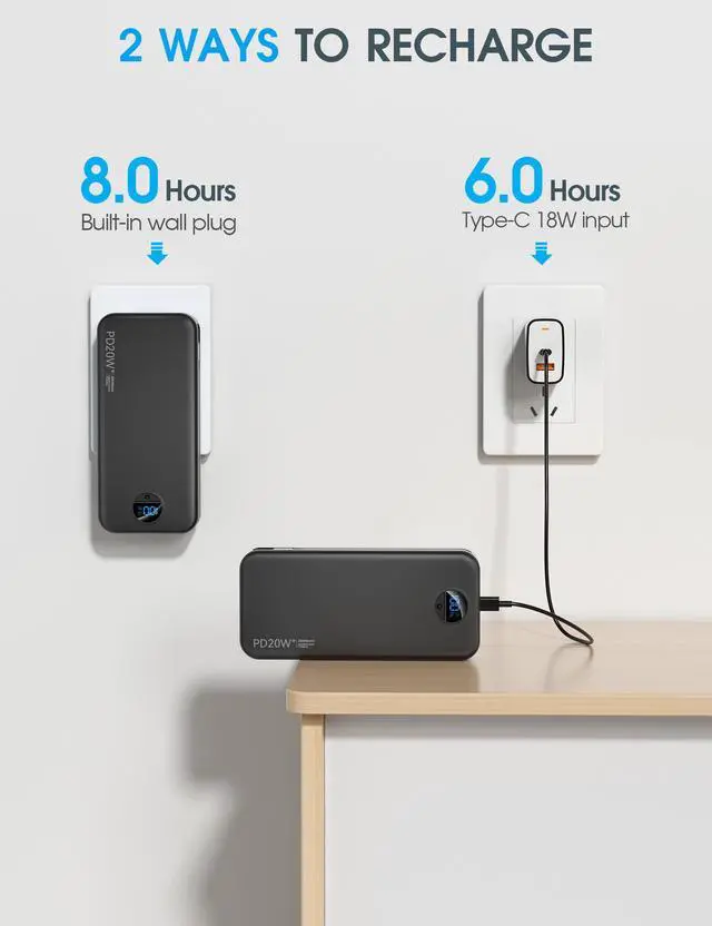 Alt view image 6 of 7 - Portable Charger Power Bank, 20000mAh PD20W USB C Fast Charging with Built-in Cables & Wall Plug, External Battery Bank with LED Display, Travel Essential for iPhone, iPad, Samsung Black