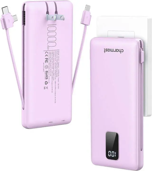 Main image of Portable Charger with Built-in Cables & Wall Plug, 10000mAh Portable Power Bank, External Battery Pack Travel Essentials Compatible with iPhone 16/15/14/13, Samsung, iPad etc