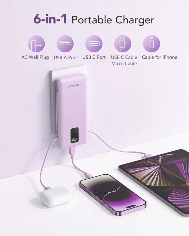 Alt view image 2 of 7 - Portable Charger with Built-in Cables & Wall Plug, 10000mAh Portable Power Bank, External Battery Pack Travel Essentials Compatible with iPhone 16/15/14/13, Samsung, iPad etc