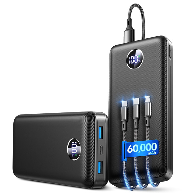 Power Bank 60000mAh Con PD 45W, 4 Cavi Integrati, Display LED E Torcia – Ricarica Rapida Per Smartphone, Laptop E Outdoor