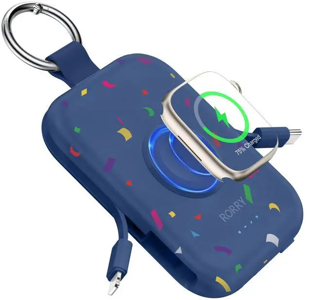 Main image of Portable Charger, 5000mAh Portable Charger Power Bank with Built-in Cables, Travel Keychain Battery Pack for Apple Watch Ultra/11/10/9/8/7/6/SE, iPhone Air/17/16/15/14/13/12, Confetti-Deepblue