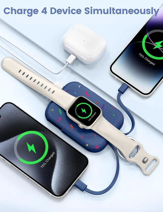 Alt view image 4 of 6 - Portable Charger, 5000mAh Portable Charger Power Bank with Built-in Cables, Travel Keychain Battery Pack for Apple Watch Ultra/11/10/9/8/7/6/SE, iPhone Air/17/16/15/14/13/12, Confetti-Deepblue