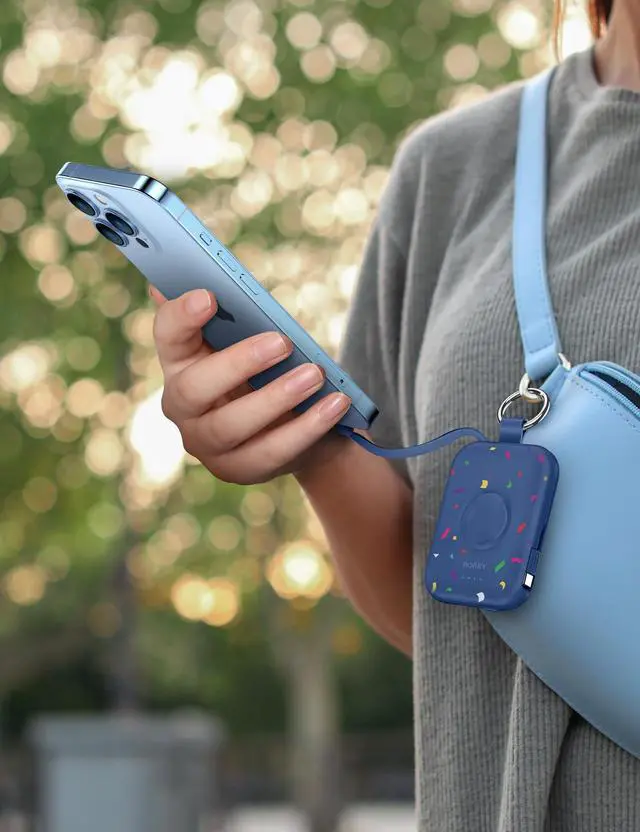 Alt view image 5 of 6 - Portable Charger, 5000mAh Portable Charger Power Bank with Built-in Cables, Travel Keychain Battery Pack for Apple Watch Ultra/11/10/9/8/7/6/SE, iPhone Air/17/16/15/14/13/12, Confetti-Deepblue