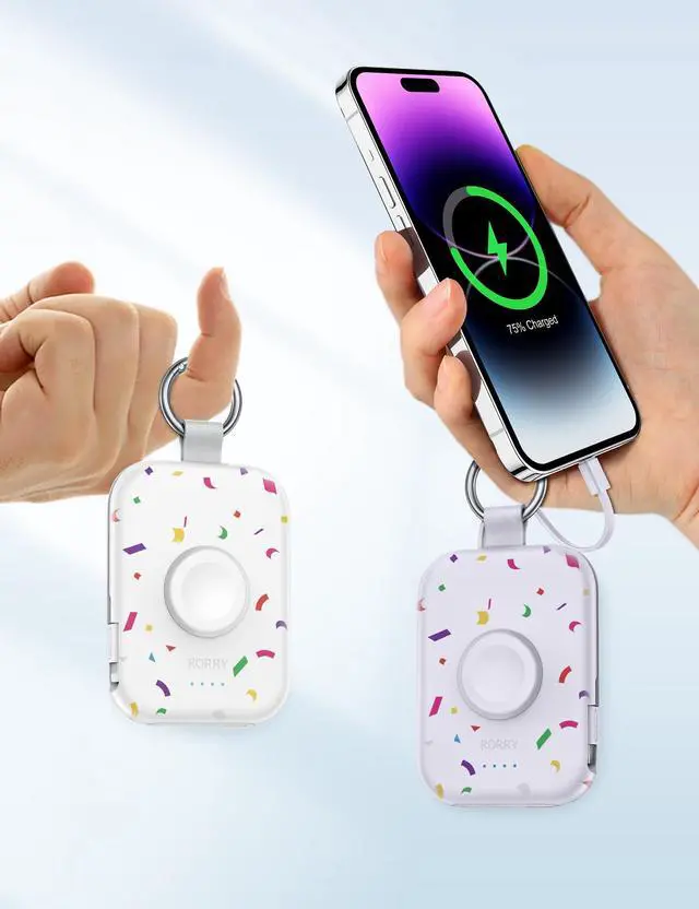 Alt view image 6 of 6 - Portable Charger, 5000mAh Portable Charger Power Bank with Built-in Cables, Travel Keychain Battery Pack for Apple Watch Ultra/11/10/9/8/7/6/SE, iPhone Air/17/16/15/14/13/12, Confetti-Deepblue