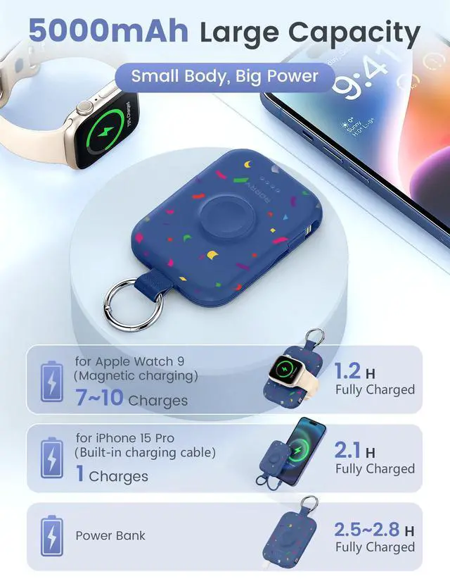 Alt view image 3 of 6 - Portable Charger, 5000mAh Portable Charger Power Bank with Built-in Cables, Travel Keychain Battery Pack for Apple Watch Ultra/11/10/9/8/7/6/SE, iPhone Air/17/16/15/14/13/12, Confetti-Deepblue