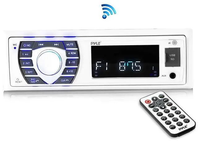 Main image of Bluetooth Marine Receiver Stereo - 12v Single DIN Style Boat In dash Radio Receiver System with Digital LCD, RCA, MP3, USB, SD, AM FM Radio - Remote Control, Wiring Harness - PLRMR23BTW (White)