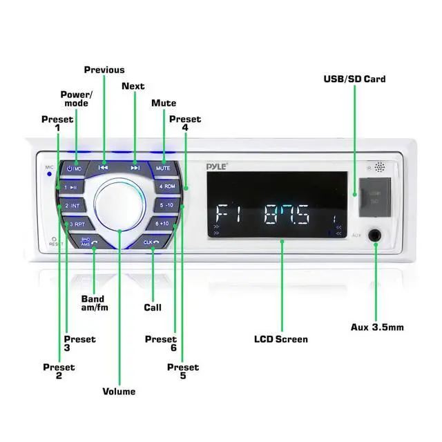 Alt view image 2 of 5 - Bluetooth Marine Receiver Stereo - 12v Single DIN Style Boat In dash Radio Receiver System with Digital LCD, RCA, MP3, USB, SD, AM FM Radio - Remote Control, Wiring Harness - PLRMR23BTW (White)