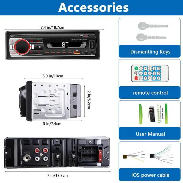 Alt view image 6 of 7 - Single DIN Car Stereo Bluetooth, Car Radio Audio with Handsfree & App Control, 4X50W Support FM/USB/AUX/MP3/EQ, 7 Color LED | No CD/DVD Player