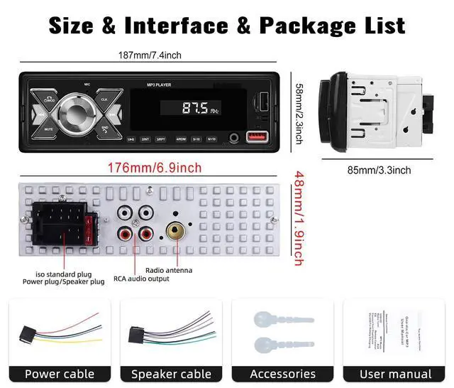 Alt view image 7 of 7 - Single Din Car Stereo Bluetooth Audio Digital Media Receiver with USB Port FM Radio, MP3 Player, EQ, APP Control, Multi Color Illumination, TF Card, AUX Input, Car Radio