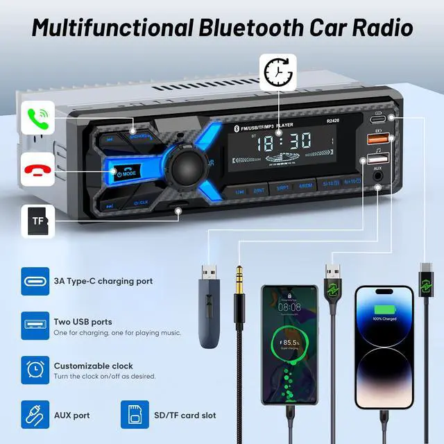 Alt view image 5 of 7 - Car Radio Bluetooth with Type-C/USB Port, FM/AM Single Din Car Stereo Radio with Bluetooth Hands-Free 2 USB/AUX/SD/DSP,MP3 Player(No CD DVD Player)