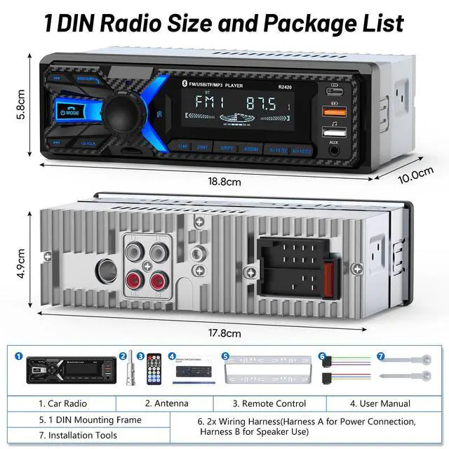 Alt view image 7 of 7 - Car Radio Bluetooth with Type-C/USB Port, FM/AM Single Din Car Stereo Radio with Bluetooth Hands-Free 2 USB/AUX/SD/DSP,MP3 Player(No CD DVD Player)