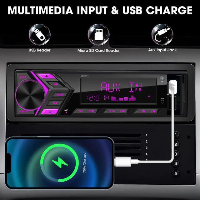 Alt view image 4 of 6 - Single Din Car Stereo Bluetooth: 1-Din Car Radio Receiver - in Dash Digital Media MP3 Player LCD Display AM FM USB Fast Charging SD AUX 300W Amp Outputs