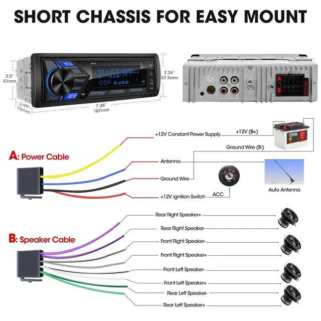 Alt view image 6 of 6 - Single Din Car Stereo Bluetooth: 1-Din Car Radio Receiver - in Dash Digital Media MP3 Player LCD Display AM FM USB Fast Charging SD AUX 300W Amp Outputs