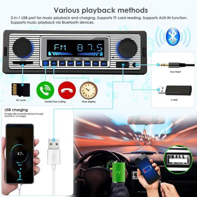 Alt view image 7 of 7 - Single din Car Stereo with Bluetooth/car Radio Bluetooth for car Hands Free Calling, Single din Radio/Radio para carro USB,SD Card Port,AUX, MP3 car Audio with Fast Charging